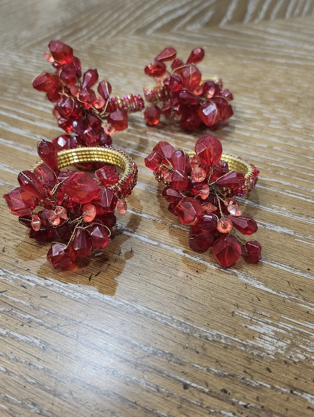 Vintage Pier 1 Napkin Rings Gold & Red Beaded Set of 4 - And 4 Red Napkins